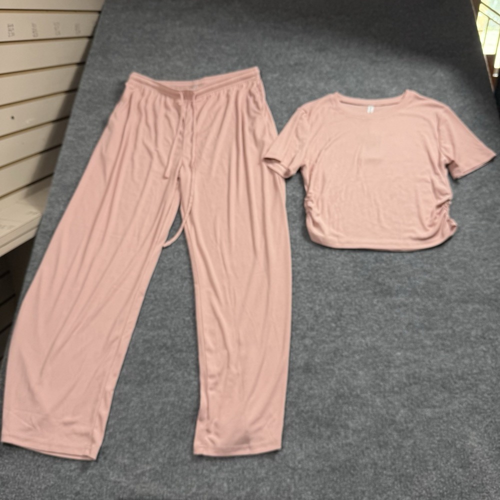 Dusty Pink‎ 2 Piece Loungewear Set Ruched Crop Tee Wide Leg Pants Size XL